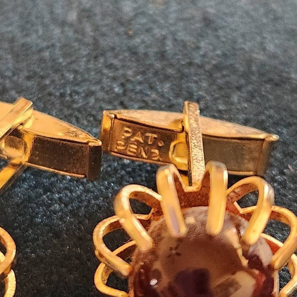 Cufflinks vintage gold tone red marble stone claw mens jewelry - Picture 4 of 5
